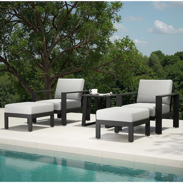 5-Piece Gray Aluminum Outdoor Patio Conversation Lounge Set with Gray Cushions, Weather and Rust Resistant, Seats 2