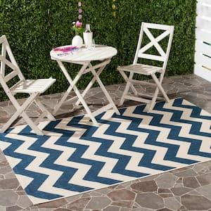 Courtyard Navy/Beige 8 ft. x 8 ft. Square Geometric Indoor/Outdoor Patio  Area Rug