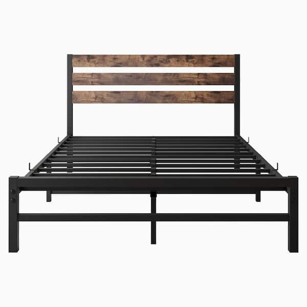 Black Metal Frame Full Size Platform Bed with Rustic Vintage Brown Wooden Headboard, No Box Spring Needed