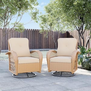 Yellow Wicker Outdoor Rocking Chair Patio Swivel Chair with Beige Cushion (Set of 2)