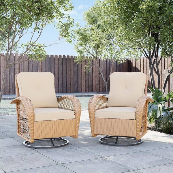 UPHA Yellow Wicker Outdoor Rocking Chair Patio Swivel Chair with Beige ...