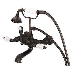 3-Handle Claw Foot Tub Faucet with Labeled Porcelain Lever Handles and Handshower in Oil Rubbed Bronze
