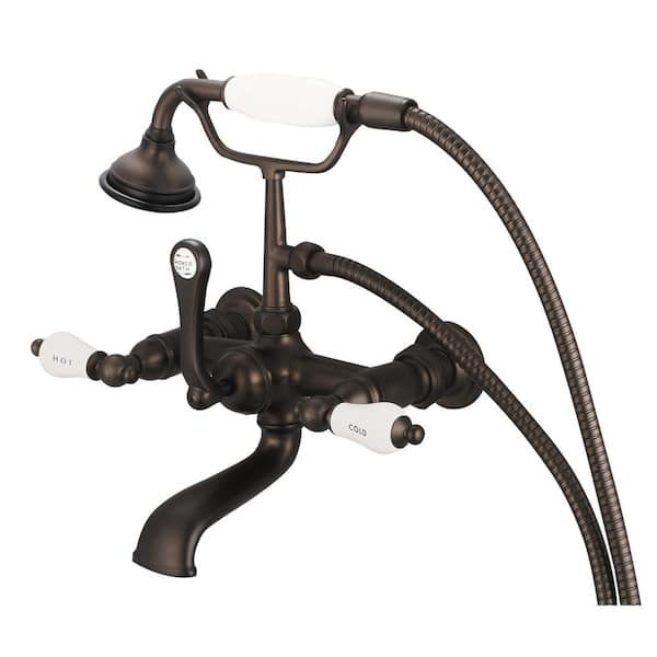 Water Creation 3-Handle Claw Foot Tub Faucet with Labeled Porcelain Lever Handles and Handshower in Oil Rubbed Bronze