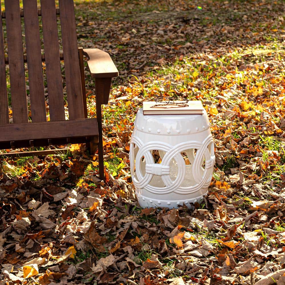 White Ceramic Drum Garden Stool with Lucky Coin Symbols, 16"