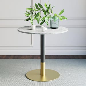 Lucy White Carrara Faux Marble Table Top with Black and Gold Pedestal Base Modern Kitchen or Dining Table