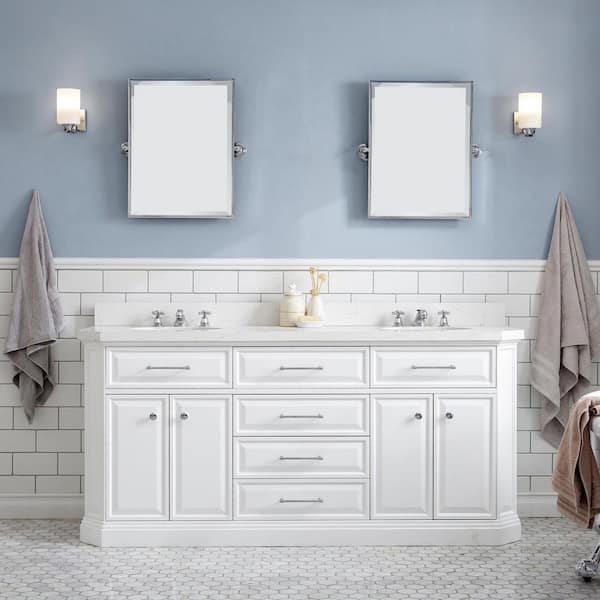 Palace 72 in. W x 22 in. D x 34 in. H Double Sink Bath Vanity in Pure White with Carrara White Quartz Top