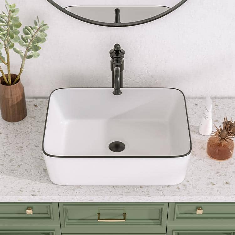 19" White Ceramic Rectangular Vessel Sink with Black Trim
