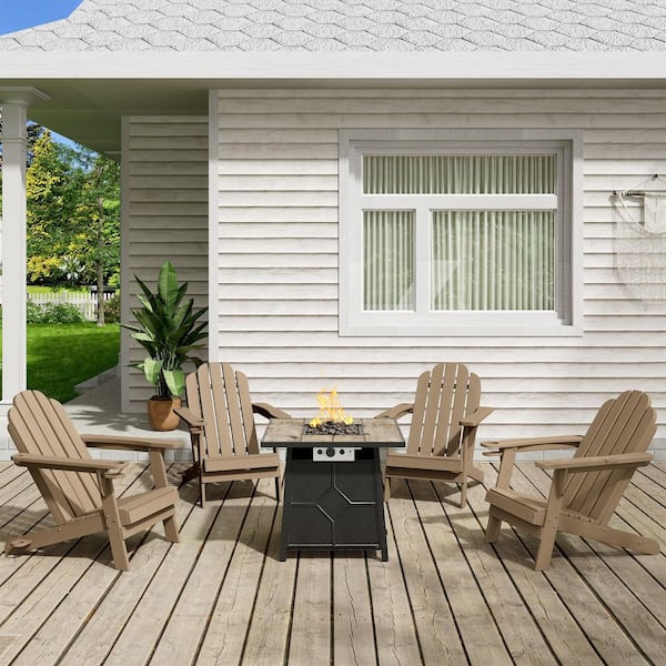 5-Piece HDPE Adirondack Chairs Conversation Set with Outdoor 28 in. Metal Square Patio Fire Pit Table