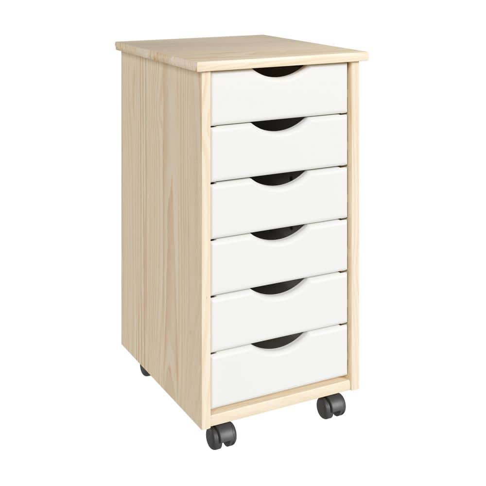 Natural and White Solid Wood 6-Drawer Rolling Storage Cart