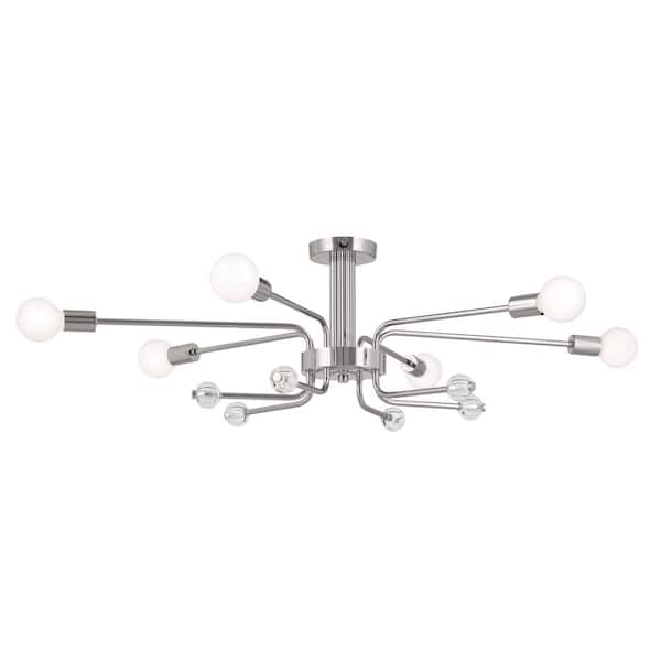 Ocala 41.25 in. 6-Light Polished Nickel Living Room Art Deco Semi-Flush Mount Ceiling Light with Clear Crystal