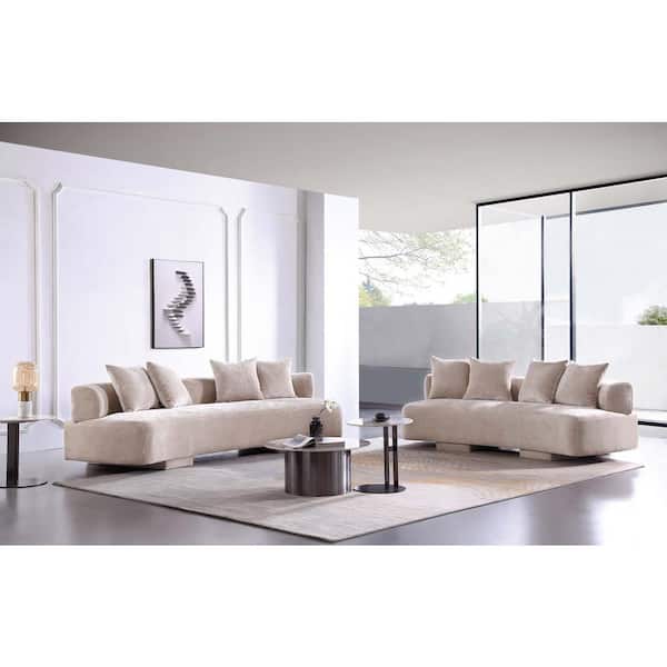 Manhattan Comfort Verandah 2-Piece Mid-Century Modern Beige Chenille Upholstered Sofa Living Room Set