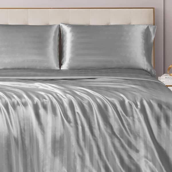 JUICY COUTURE Silky Satin Damask 4-Piece Gray Striped Polyester King Soft Sheet Set
