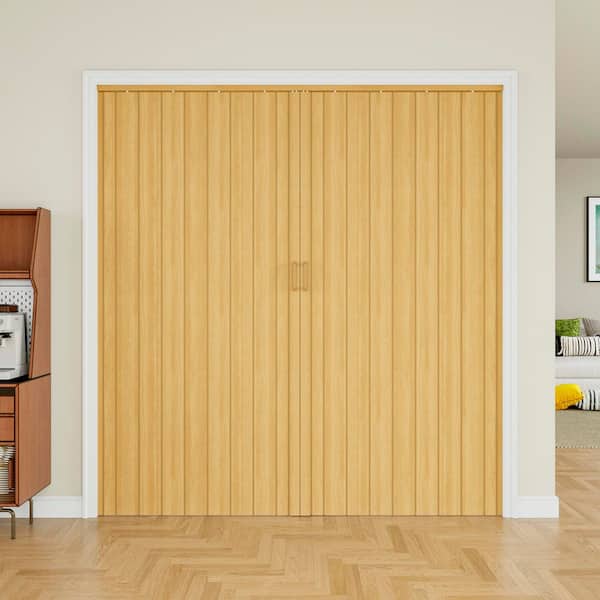 Blackout Door 72 in. x 80 in. Oak Vinyl PVC Double Layer Accordion Door, Interior Folding Doors With Hardware Kit