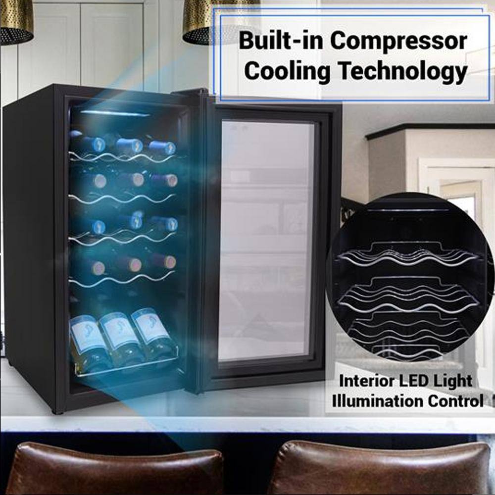 NutriChef 15 Bottle Black Thermoelectric Wine Cooler with Glass Door