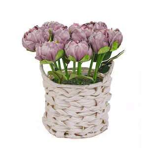 10 in. Artificial Floral Arrangements Peony in White Basket Color: Light Purple