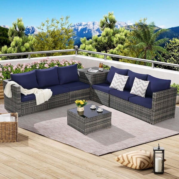 6-Piece Gray Wicker L-Shaped Outdoor Sectional Sofa Set with Dark Blue Cushions, corner table, 1 Glass Top Table