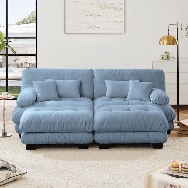 Ronald 94.4 in. Chenille Upholstered U Shaped Sectional Sofa in. Blue with 2 Ottomans, 2 Lumbar Pillows, 2 Throw Pillows