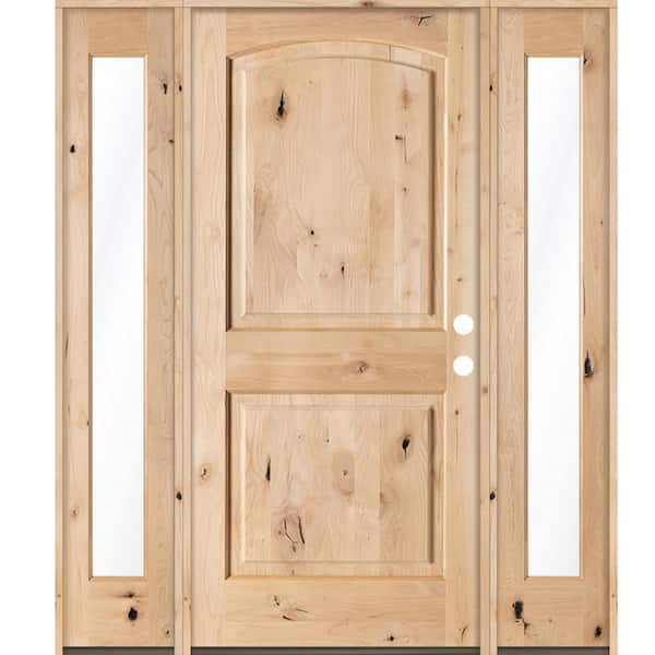 60 in. x 80 in. Knotty Alder 2-Panel Arch-Top Left-Hand/Inswing Clear Glass Unfinished Wood Prehung Front Door w/ DFSL