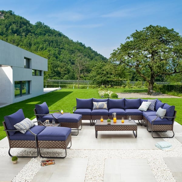 Patio Festival U-Leg 14-Piece Wicker Patio Conversation Set with Blue Cushions