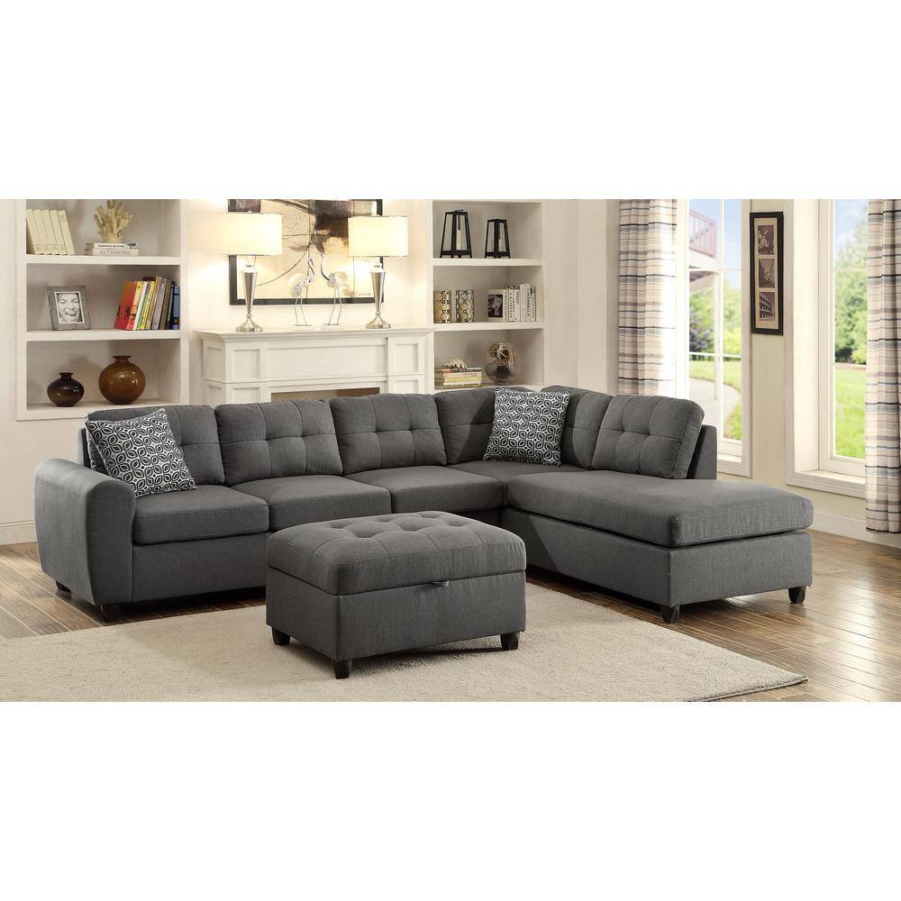 Gray Tufted Linen Storage Ottoman with Black Legs