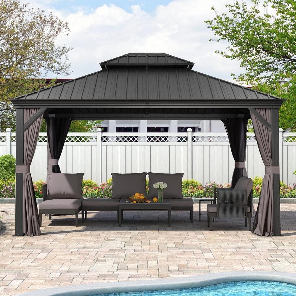 12' x 14' Gray Aluminum and Steel Hardtop Gazebo with Curtains