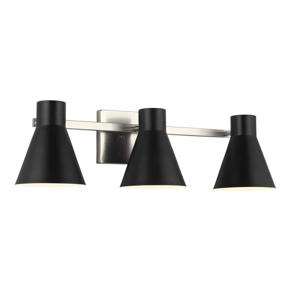 Brushed Nickel 3-Light Vanity with Black Steel Shades
