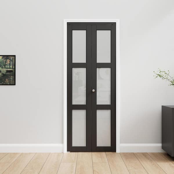 32 in. x 80 in. 3-Lite Frosted Glass Solid Core MDF Black Finished Glass Closet Bi-Fold Door with Hardware for Closet