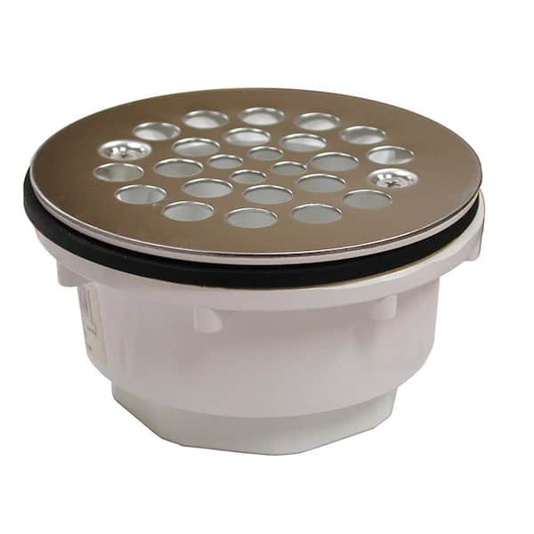 JONES STEPHENS 2 in. PVC Shower Stall Drain w/Receptor Base & 4-1/4 in. Round Stainless Steel Strainer-Fits Over 2 in. Sch. 40 DWV Pipe