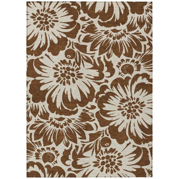 HomeRoots Brown and Ivory 10 ft. x 14 ft. Woven Floral Rectangle Indoor/Outdoor Area Rug