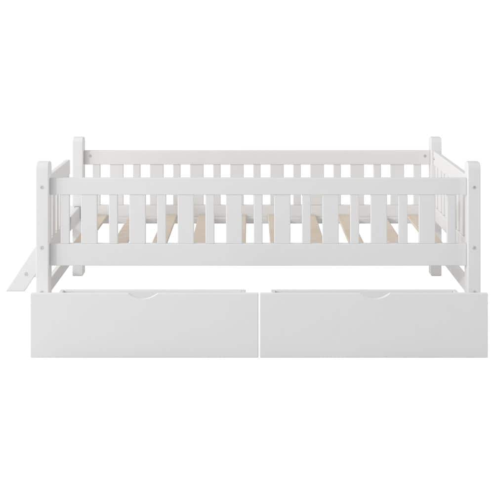 White Wood Frame Twin Platform Bed with Guardrail and 2 Storage Drawers durable construction price history on PriceWatchPro
