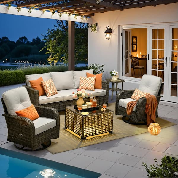 Toject Daphne 5-Piece Wicker Patio Conversation Sofa Seating Set with Swivel Rocking Chairs and Light Gray Cushions