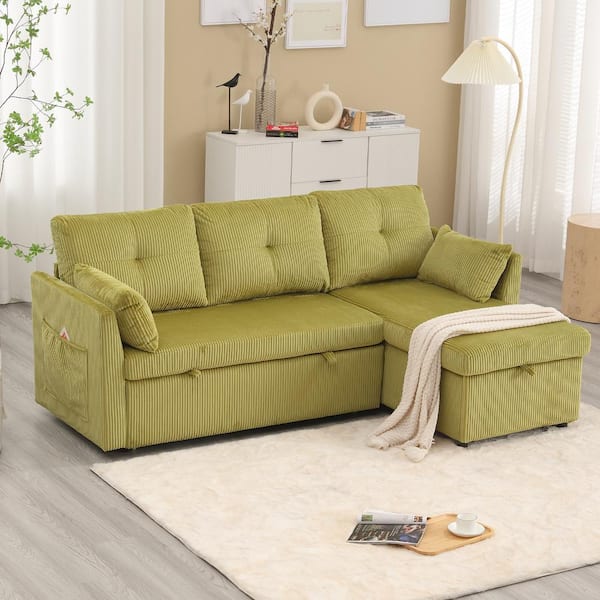 HOMEFUN 81 in. Square Arm 3-Piece Velvet Upholstered L-Shaped Pull-Out Sectional Sofa Bed in Olive Green with Storage Chaise