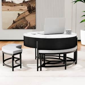 31.5 in. Modern Storage Round Lift-Top Wood Coffee Table with 3-Ottoman Stools, White and Black