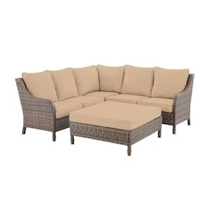 Windsor 4-Piece Brown Wicker Outdoor Patio Sectional Sofa with Ottoman and Sunbrella Beige Tan Cushions