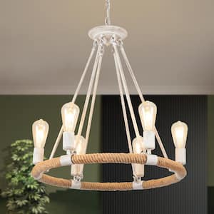 6-Light Distressed White Wagon Wheel and Woven Design Linear Chandelier for Living Room with No Bulbs Included