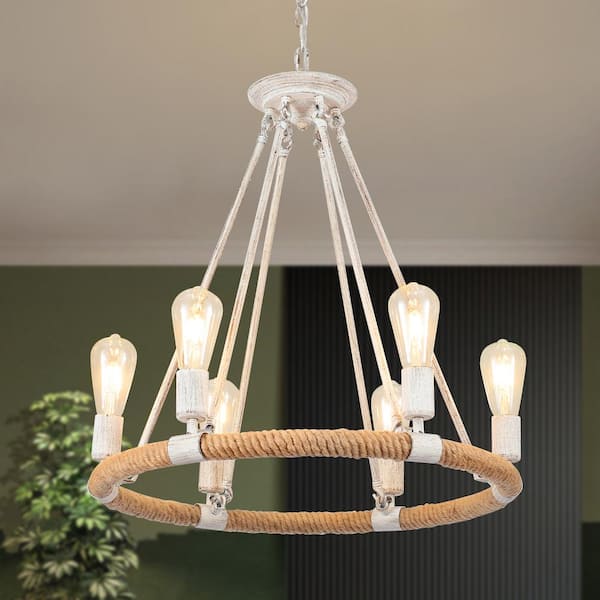 LWYTJO 6-Light Distressed White Wagon Wheel and Woven Design Linear Chandelier for Living Room with No Bulbs Included