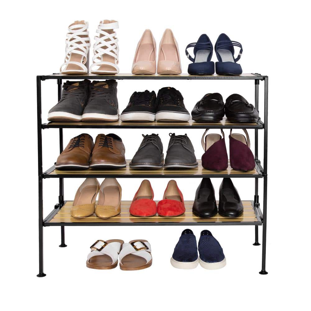 28'' Black Metal and Woodgrain 2-Tier Stackable Shoe Rack