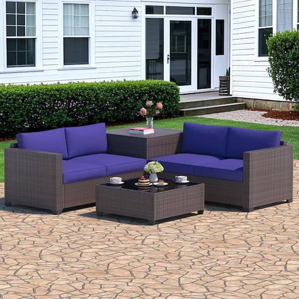 Outdoor Conversation Set with Large Coner Storage Box Blue Cushions