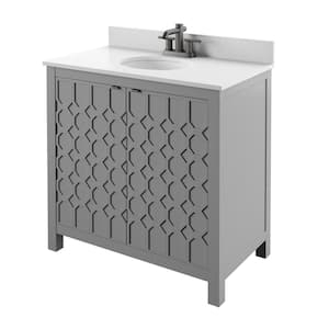 36 in. W x 20 in. D Bath Vanity in Huron Gray with Geometric Pattern and White Marble Top