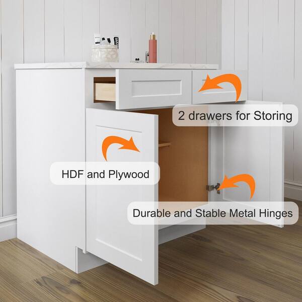 HOMEIBRO White Plywood Shaker Stock Style Base Kitchen Cabinet with 2-Door and 2-Drawer (30 in. W x 24 in. D x 34.5 in. H)