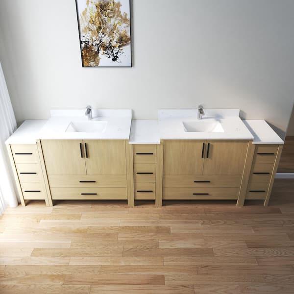 108 in. W x 22 in. D x 34 in. H Double Sink Freestanding Bath Vanity in Oak with White Carrara Cultured Marble Top
