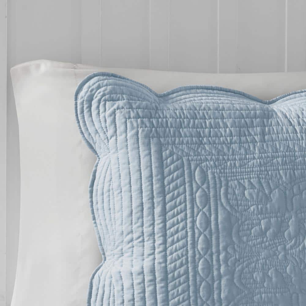 Blue Full Microfiber Reversible Scalloped Edge Quilt Set