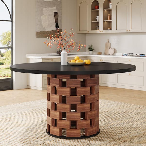 Halseey 47 in. Modern Black Faux Marble Wood Pedestal Dining Table Round Dinner Kitchen Table for 4