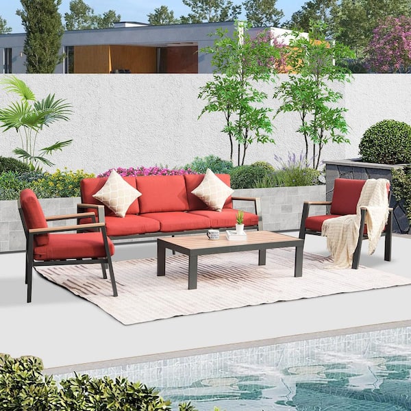 Boosicavelly Red 4-Piece Metal Outdoor Sectional Set with Pillows and Thick Cushion