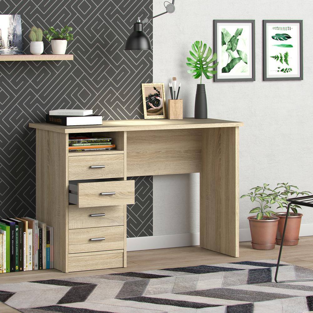 Scandinavian Oak Structure Desk with 4 Drawers and Open Shelf