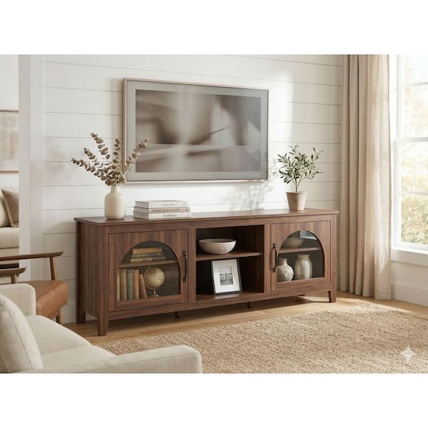 OrangeOne 70 in. Dark Walnut TV Stand with Glass Doors and Storage
