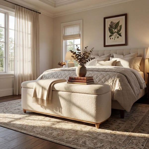 Fentora Modern Ivory Boucle Fabric Upholstered Rectangle Lift-Up Accent Storage Ottoman Bench with Solid Wood Legs