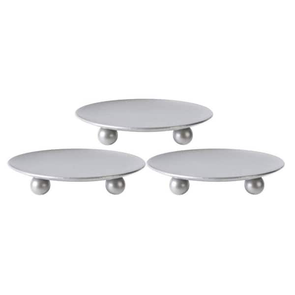 Afoxsos Silver Iron Plate Candle Holder, Decorative Iron Pillar Candle Holder, Candle Stand Set of 3