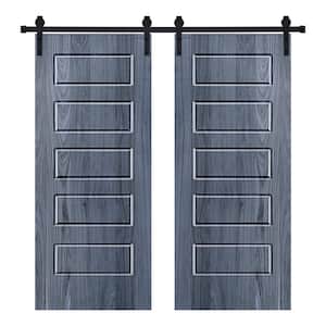 Modern 5 Panel Designed 48 in. x 80 in. Wood Panel Icy Gray Painted Double Sliding Barn Door with Hardware Kit
