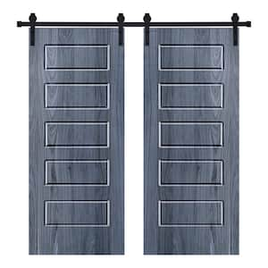 Modern 5 Panel Designed 72 in. x 80 in. Wood Panel Icy Gray Painted Double Sliding Barn Door with Hardware Kit